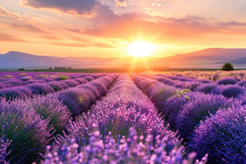 A mesmerizing view of a lavender field during the golden hour of sunset