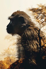 Contemplative Monkey Silhouette with African Trees Double Exposure