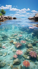 Naklejka na ściany i meble Beautiful seascape with stones and flowers in transparent sea water