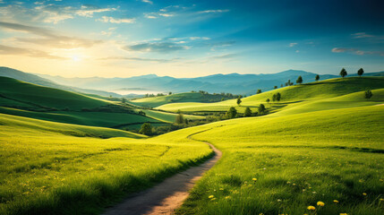 Serenade of Nature: Picturesque Winding Path Through Green Grass Field in Hilly Morning Dawn, Spring and Summer Panorama