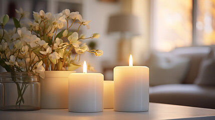Fototapeta na wymiar Tranquil Candlelight in Cozy Interior, trio of lit candles casts a warm, inviting glow on a bouquet of delicate white flowers, creating an ambiance of tranquility in a cozy room setting.