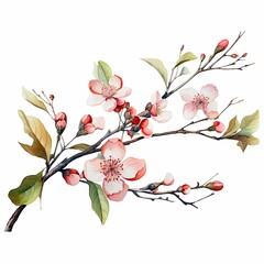 Fototapeta premium A beautiful watercolor and drawing of a branch with leaves and flowers white background