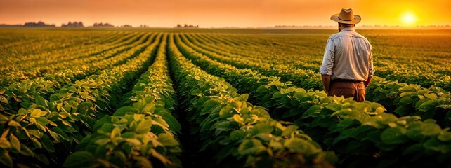A farmer stands in a lush green soybean field, looking towards the horizon as the sun sets, symbolizing growth and agricultural sustainability. - obrazy, fototapety, plakaty