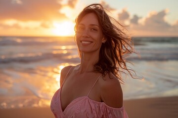Fototapeta na wymiar A beautiful woman with long hair and a pink top standing on a beach at sunset Generative AI
