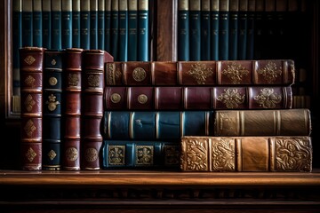 A stack of antique leather-bound books on a polished wooden shelf, capturing the essence of timeless knowledge.