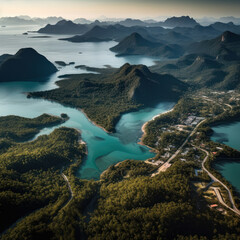Experience the tranquil charm of Langkawi's coastal azure waters, and a sunset horizon. AI generative