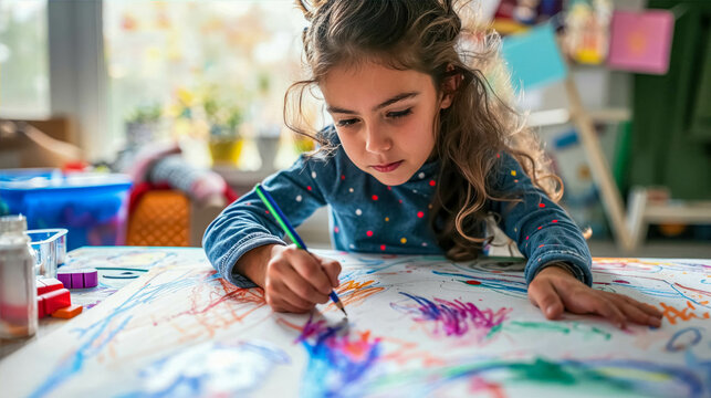 A Young Girl Creatively Drawing on a Table with Colored Pencils. Learning, Creativity and Education at our Children's Nursery School