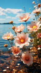 Obraz na płótnie Canvas Cosmos flowers on the lake. Floral background. Soft focus.