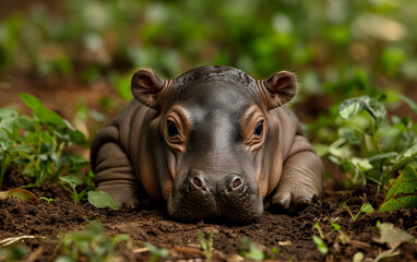 Baby hippo lying down on the ground. Generative AI
