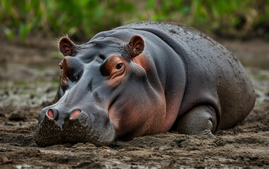 Hippo lying down in mud. Generative AI