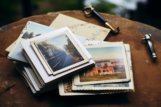 A stack of vintage postcards and a fountain pen on a distressed wooden table, evoking tales of the past. Minimal background. Flat lay, top view, copy space.