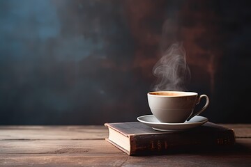 A stack of worn books and a steaming cup of coffee on a distressed wooden table, inviting moments of contemplation. Minimal background. Flat lay, top view, copy space. - obrazy, fototapety, plakaty
