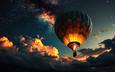 Vibrant hot air balloon soaring through the night sky with stars and nebulae, symbolizing adventure, exploration, dreams, and the magic of flight