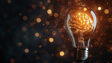 glowing light bulb on dark background with brain. 3 d rendering