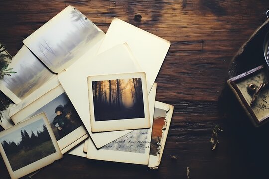 A stack of vintage postcards and a fountain pen on a distressed wooden table, evoking tales of the past. Minimal background. Flat lay, top view, copy space.