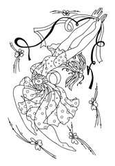 Girl with ribbons and a ball. Coloring book with flowers. Monochrome drawing. Antistress. Character in dance.