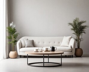 Round coffee table near white sofa against blank wall with copy space. Minimalist cozy home interior design