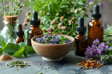 Obraz na płótnie Canvas Elevate your wellness visuals with our image showcasing herbal organic medicine products. An authentic representation of natural herbs, offering a holistic approach to health.
