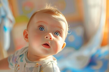 Innocent Baby with Wide Blue Eyes and Curiosity
