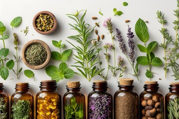 Embrace nature's healing with our stock photo featuring herbal organic medicine products. Capturing the essence of natural herb essentials for a holistic and organic lifestyle.