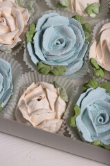 Marshmallows in open gift boxes. Zephyr fir cones and Zephyr flowers. Homemade Zephyr.