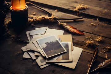 A stack of worn postcards and a quill on a distressed wooden desk, capturing snippets of worldly experiences. Minimal background. Flat lay, top view, copy space.