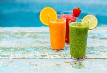 Assortment of fruit and vegetables smoothies Health or detox diet food concept.