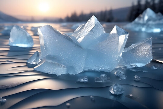 Light blue snowflakes of frost and ice like white swan feathers, icebergs in polar regions, melting crystal cubes