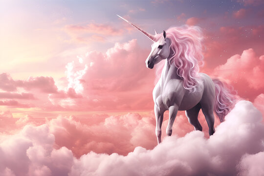 Pink unicorn in the cloudy  sky