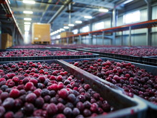 Fototapeta premium Ready-to-ship berries stored in a cold warehouse. Photo footage for advertising berry products. Jam, syrup, vinegar production in a berry processing facility.