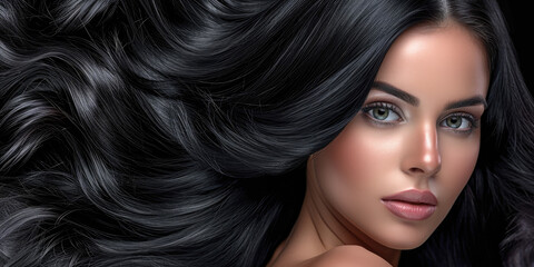 Fototapeta premium Banner for a hair salon featuring glossy, wavy, beautiful black hair on a young woman with long, healthy hair.
