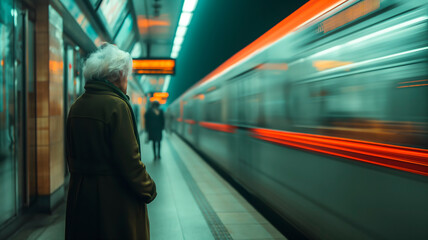Anciano en una estación de metro viendo pasar el tren como símbolo del paso de la vida. Larga exposición - obrazy, fototapety, plakaty