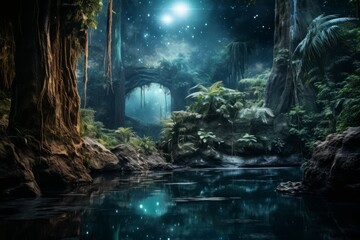 Serene moonlit waterfalls in Fantasy - Generative AI - obrazy, fototapety, plakaty