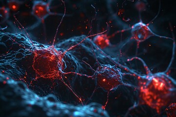 A close-up of a red and blue cellular structure Generative AI