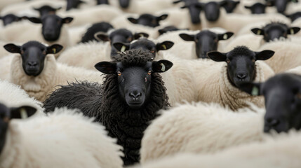 This captivating image captures a black sheep standing out among a group of white sheep against a clean backdrop, representing distinctiveness and diversity.