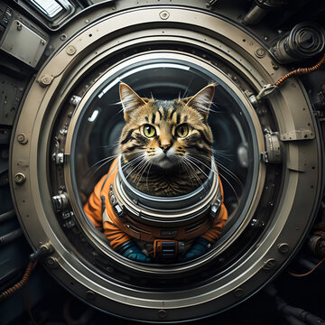 Chat astronaute, en combinaison regarde &agrave; travers le hublot.