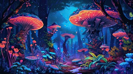 psychedelic trippy wonderland landscape with mushrooms, flowers, butterflies, fantasy bright neon illustration, AI generated