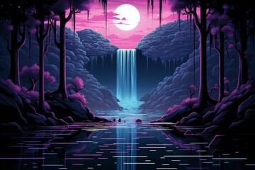 Serene moonlit waterfalls in Fantasy - Generative AI - obrazy, fototapety, plakaty