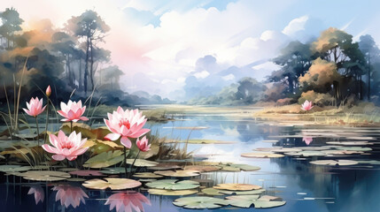 Watercolor wallpaper pattern landscape of lotus flowers with lake background.