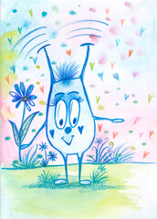 Smiling bug with flower. Handdrawing, watercolour, bright emotional for card, wallpaper, print. 