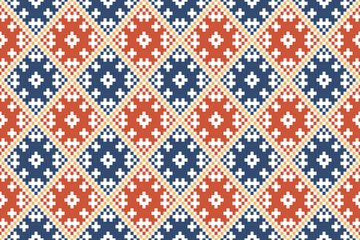 Geometric Ethnic Pixel Art Harlequin Seamless Pattern.  Vector design for fabric, tile, carpet, wrapping, wallpaper, and background