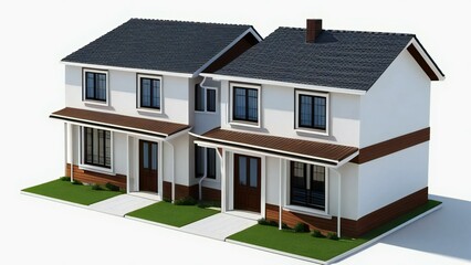 Modern 3D rendered white suburban duplex houses with dark gray roofs and brown accents, ideal for real estate, housing, or architectural design projects on a white background.