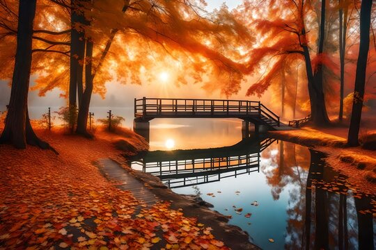 Autumn nature landscape. Lake bridge in fall forest. Path way in gold woods. Romantic view image scene. Magic misty sunset pond. Red color tree leaf park. Calm bright light, city sunrise, sunlight sun