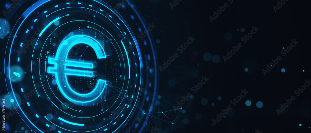 Poster creative round hologram with mock up place, polygonal pattern and euro on wide blurry background. mo