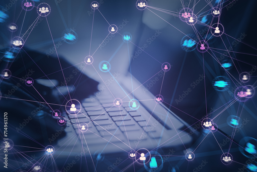 Poster close up of hands using laptop computer with connected digital people team icons on dark blurry purp