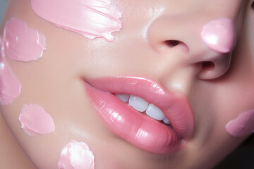 Obraz na płótnie Canvas Beauty Skin Care with Pink Cream Smears on Cheek