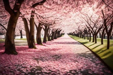 spring in the park, pink flowers and leaves covered the path