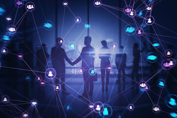 Crowd of businesspeople with connected digital people team icons on dark blurry purple office interior background. Digital network, online community and social media concept. Double exposure.