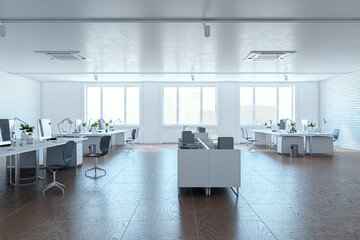 Bright light coworking office interior with window and city view, furniture. 3D Rendering.