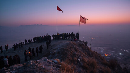 At the break of dawn, people gather on a hilltop to witness the raising of the Nowruz flag, a symbolic act heralding the arrival of the New Year. The early morning light and the fe - obrazy, fototapety, plakaty